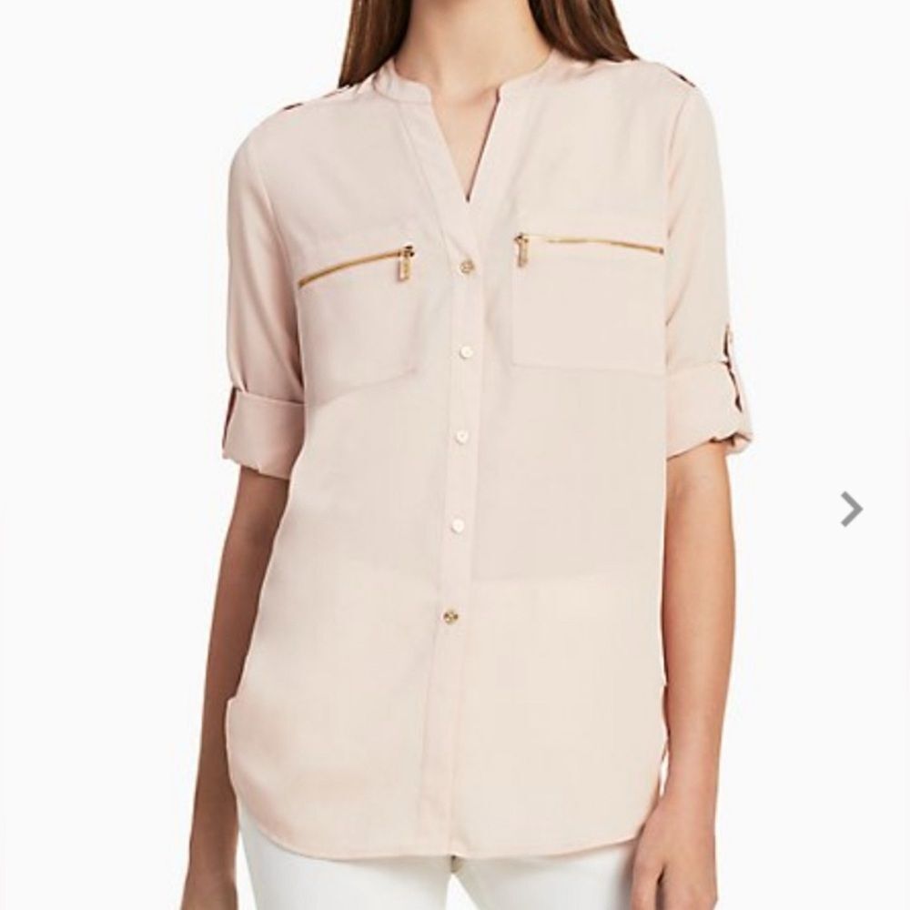 Calvin Klein blush pink long roll tab sleeves zipper pocket top size small